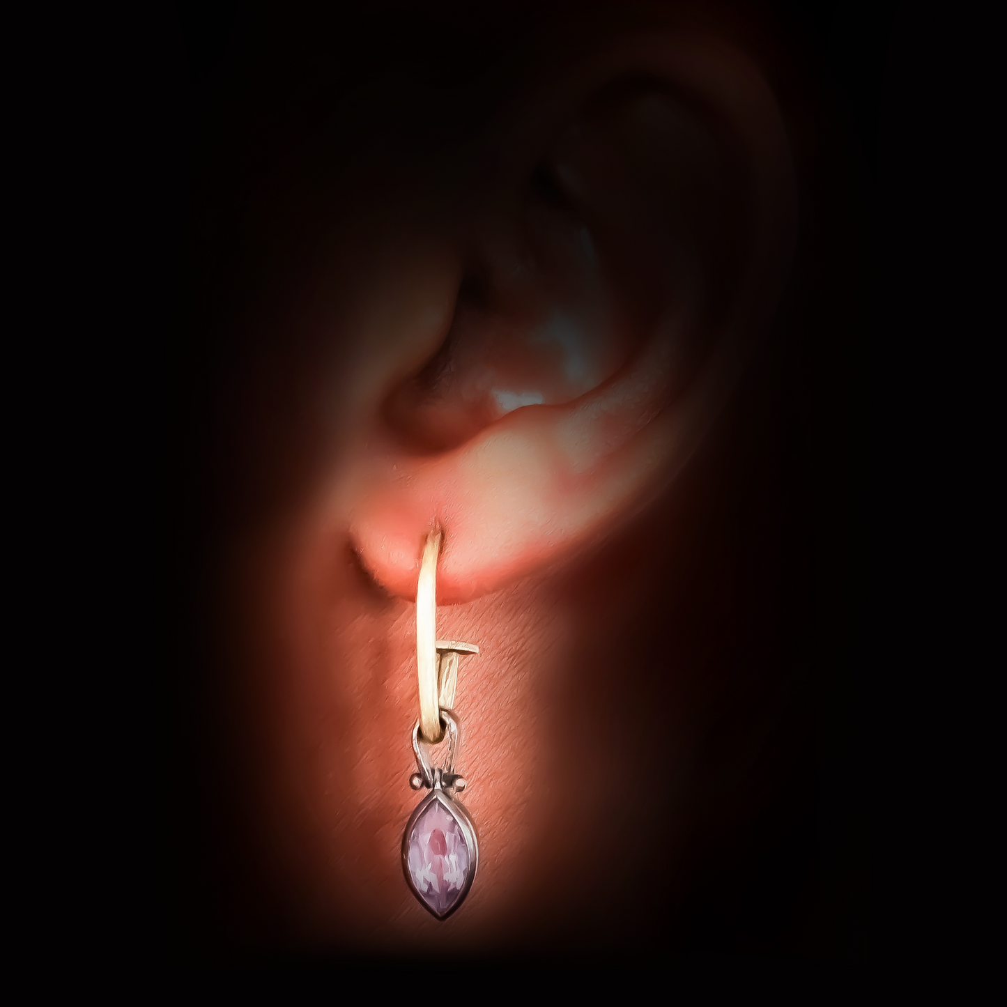 Geo 52 Earrings - Marquise Pink Amethyst (Blackened Silver/22K Gold Plated)