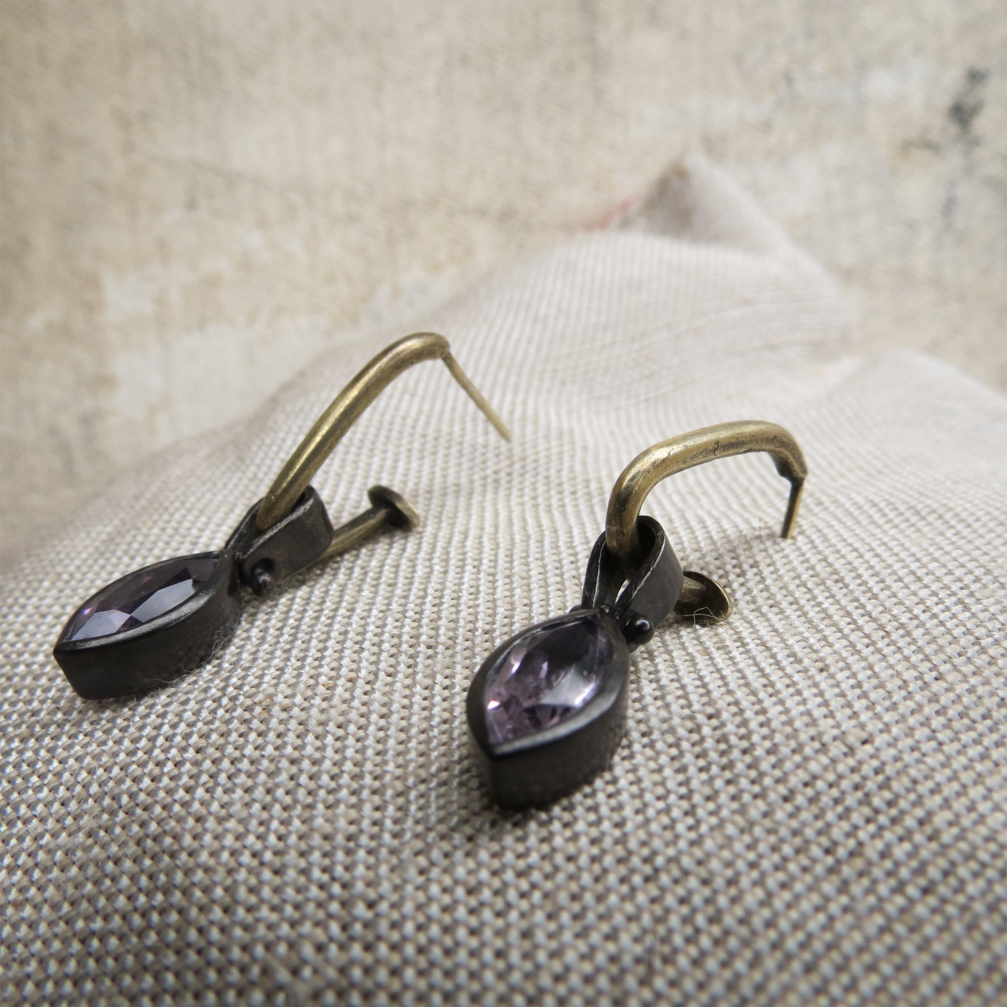 Geo 52 Earrings - Marquise Pink Amethyst (Blackened Silver/22K Gold Plated)