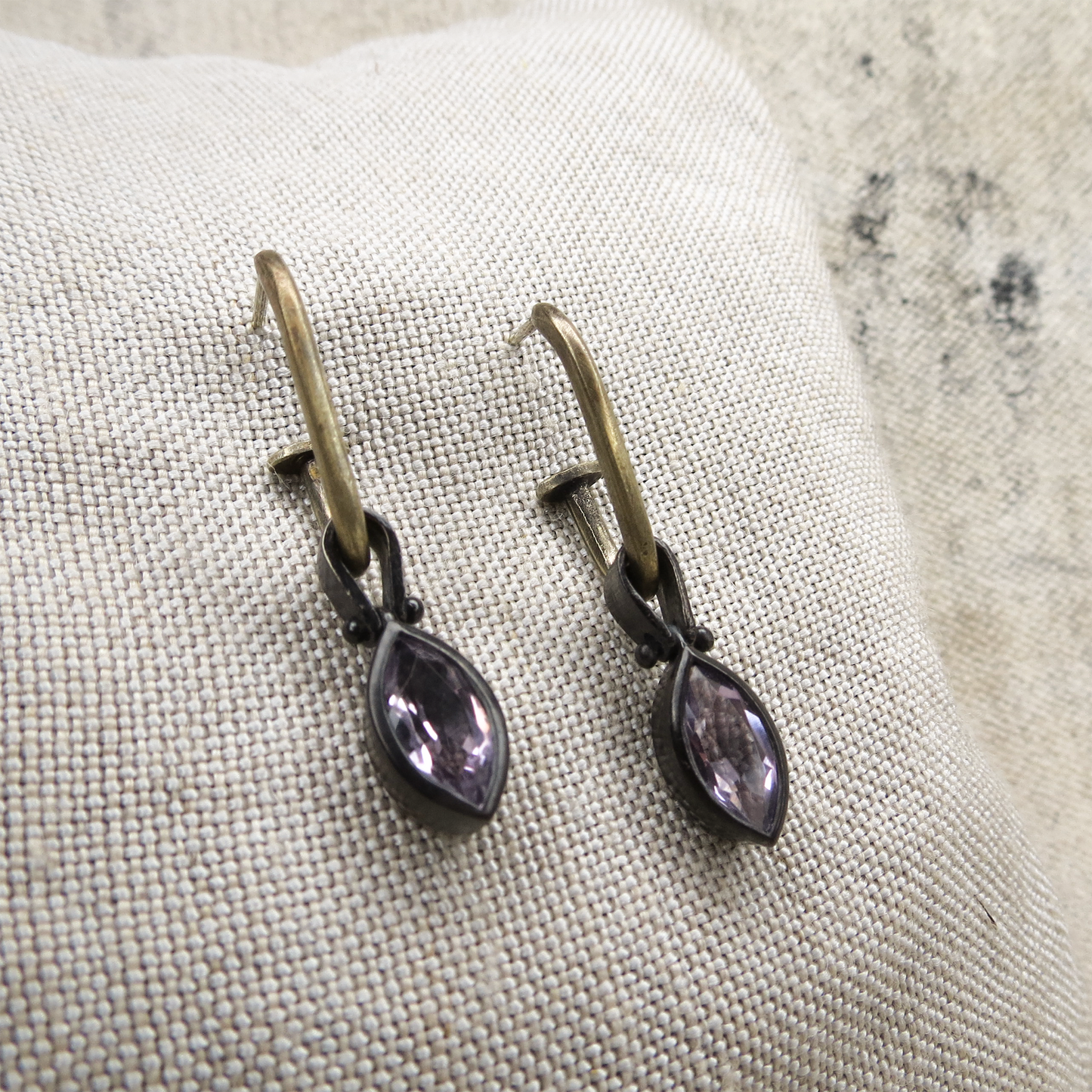 Geo 52 Earrings - Marquise Pink Amethyst (Blackened Silver/22K Gold Plated)