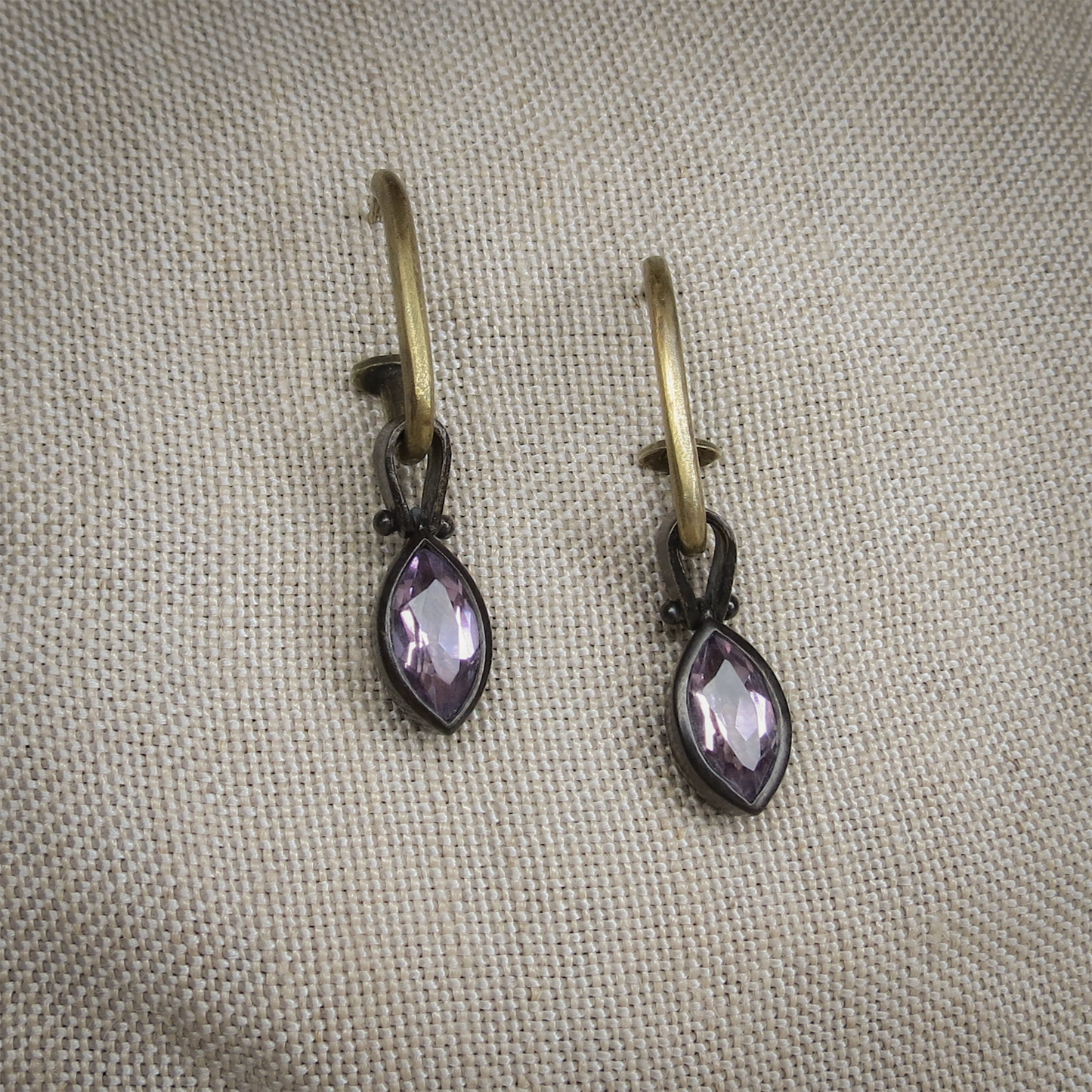 Geo 52 Earrings - Marquise Pink Amethyst (Blackened Silver/22K Gold Plated)