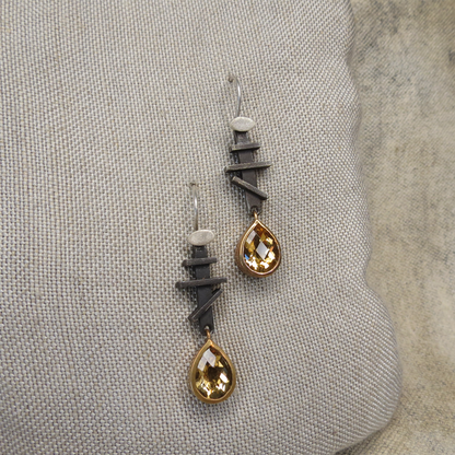 Oxidised sterling silver earrings with bronze pear shaped citrine drops